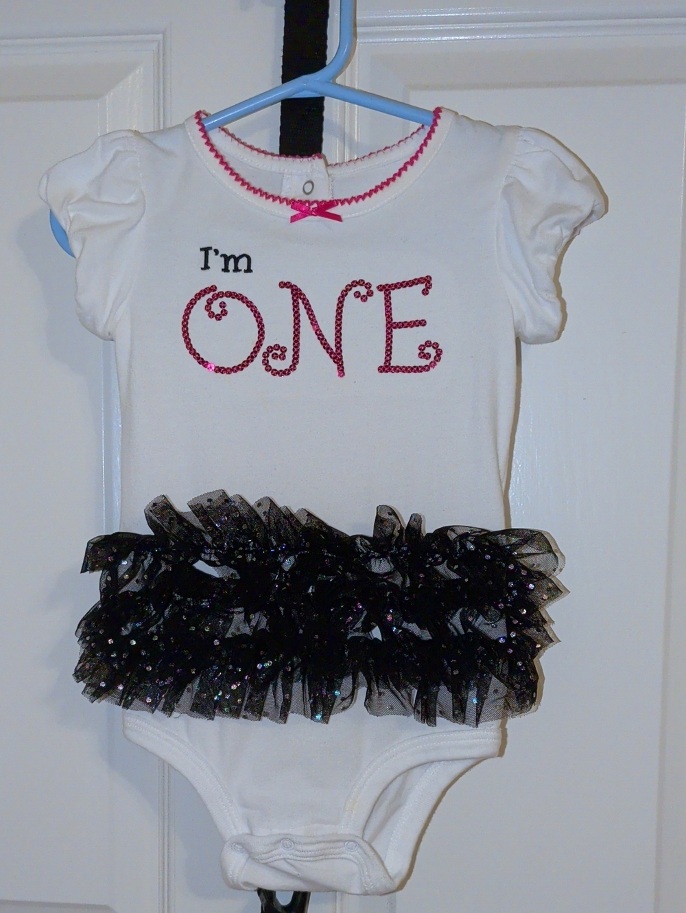 Koala Kids White "I'm One" Sequin Bodysuit with Black Tulle Tutu